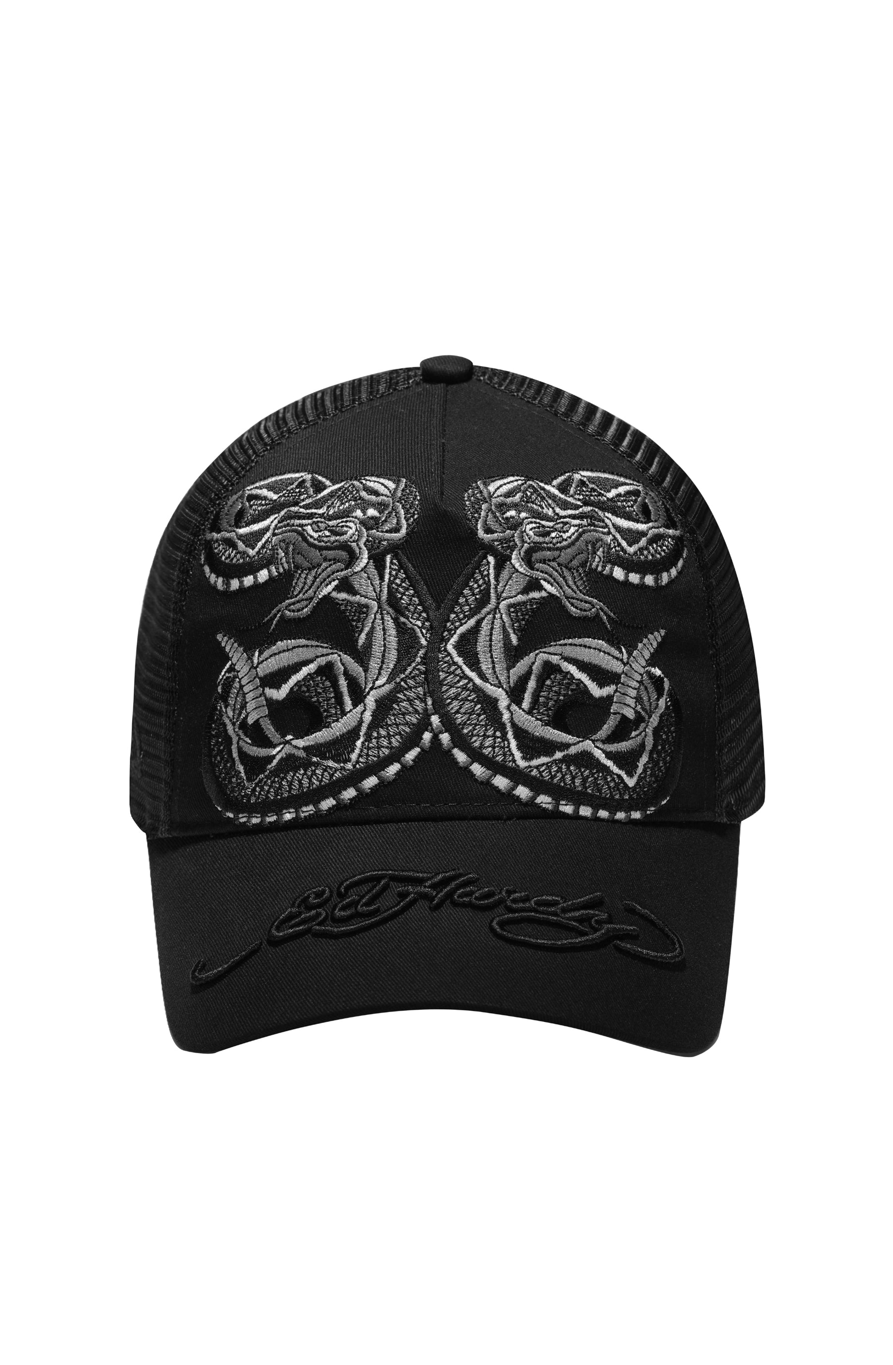 Unisex Duo Black Snake Twill Front Mesh Trucker - Black/Black