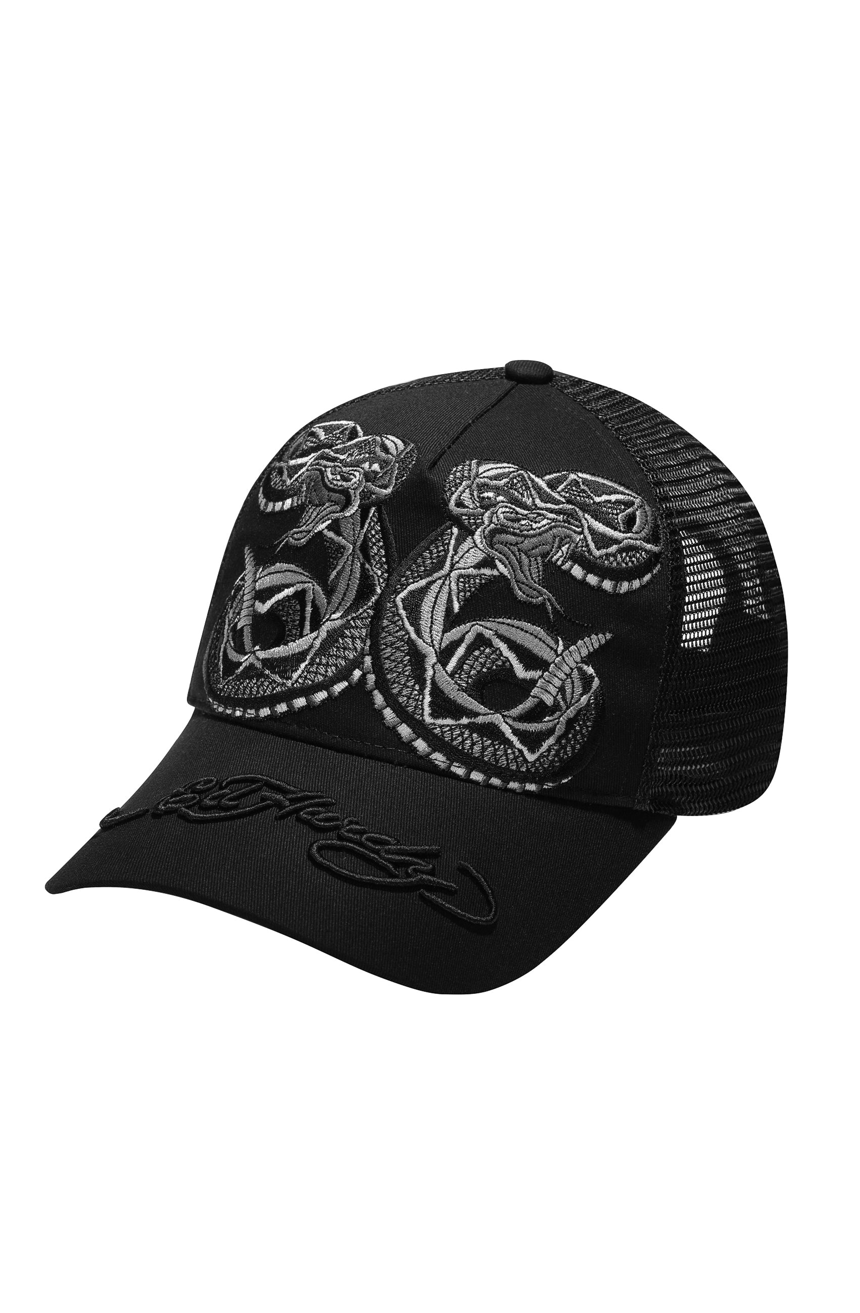 Unisex Duo Black Snake Twill Front Mesh Trucker - Black/Black