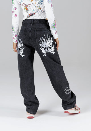 Womens Flaming Skull Relaxed Fit Denim Trousers Jeans - Black