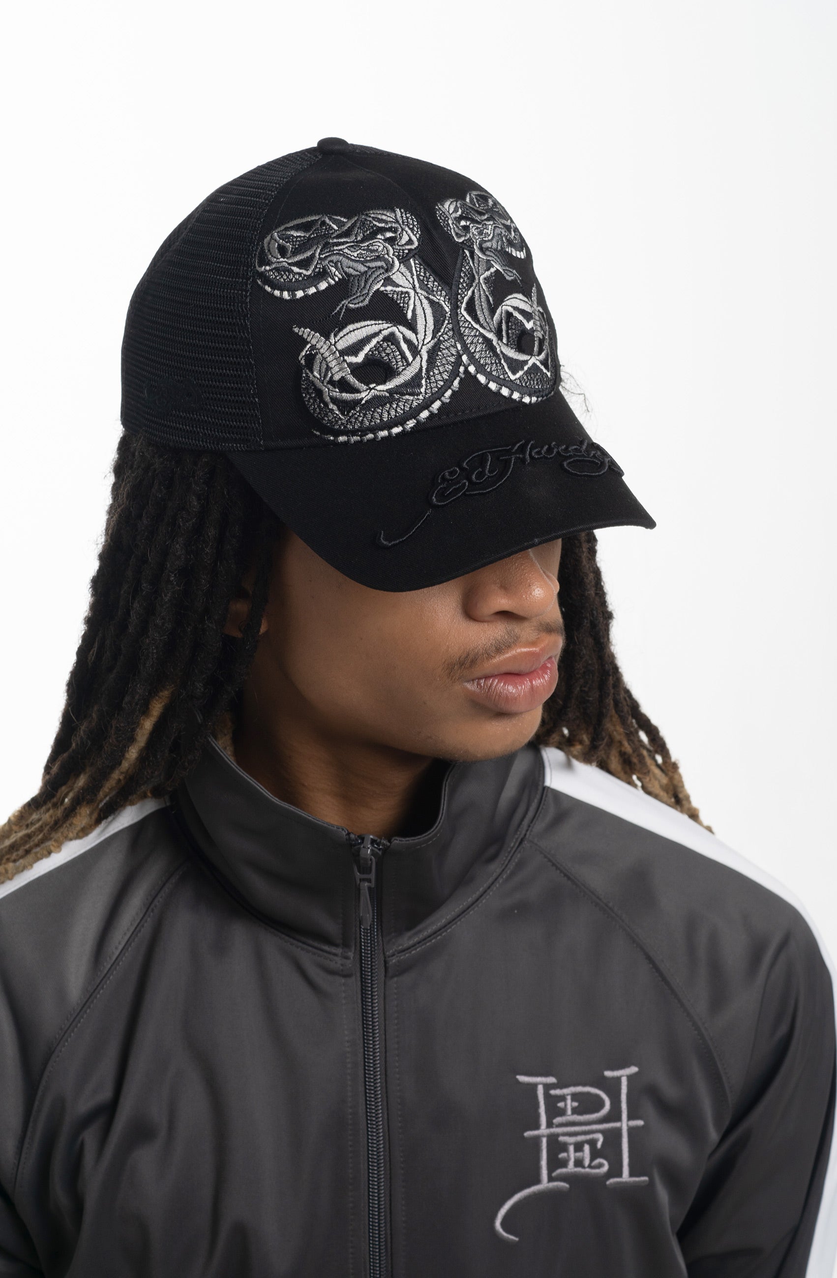 Unisex Duo Black Snake Twill Front Mesh Trucker - Black/Black
