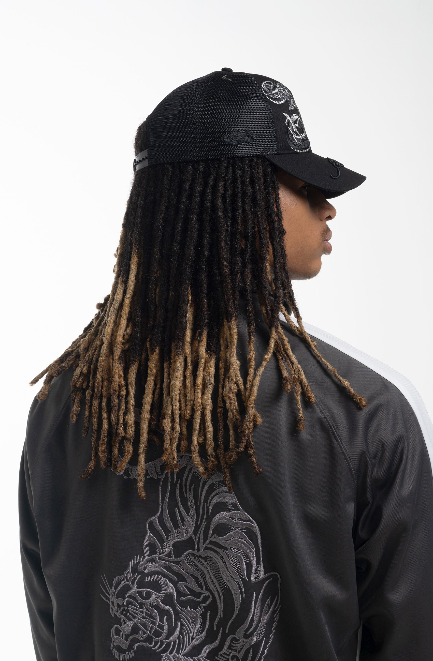 Unisex Duo Black Snake Twill Front Mesh Trucker - Black/Black