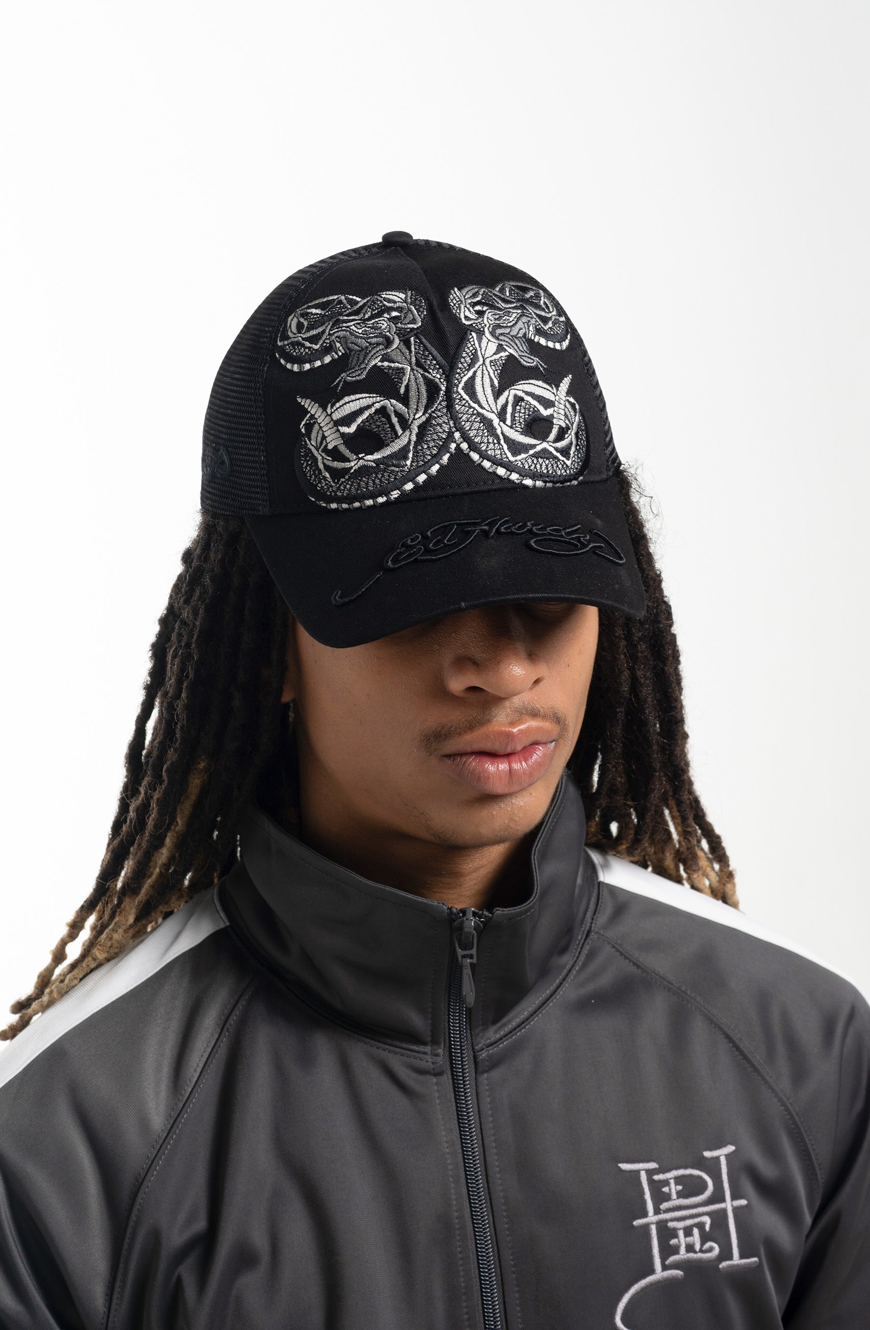 Unisex Duo Black Snake Twill Front Mesh Trucker - Black/Black
