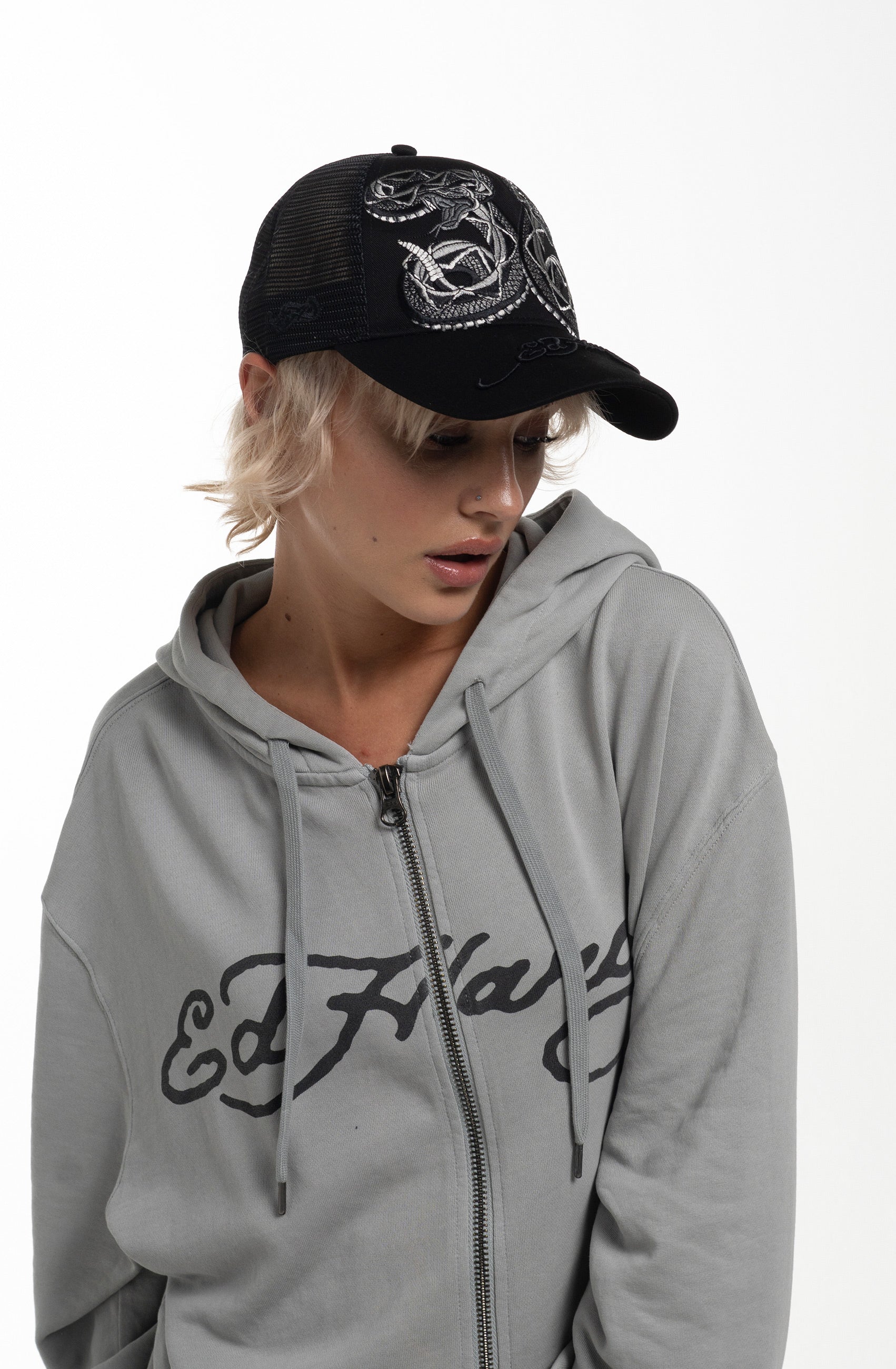 Unisex Duo Black Snake Twill Front Mesh Trucker - Black/Black