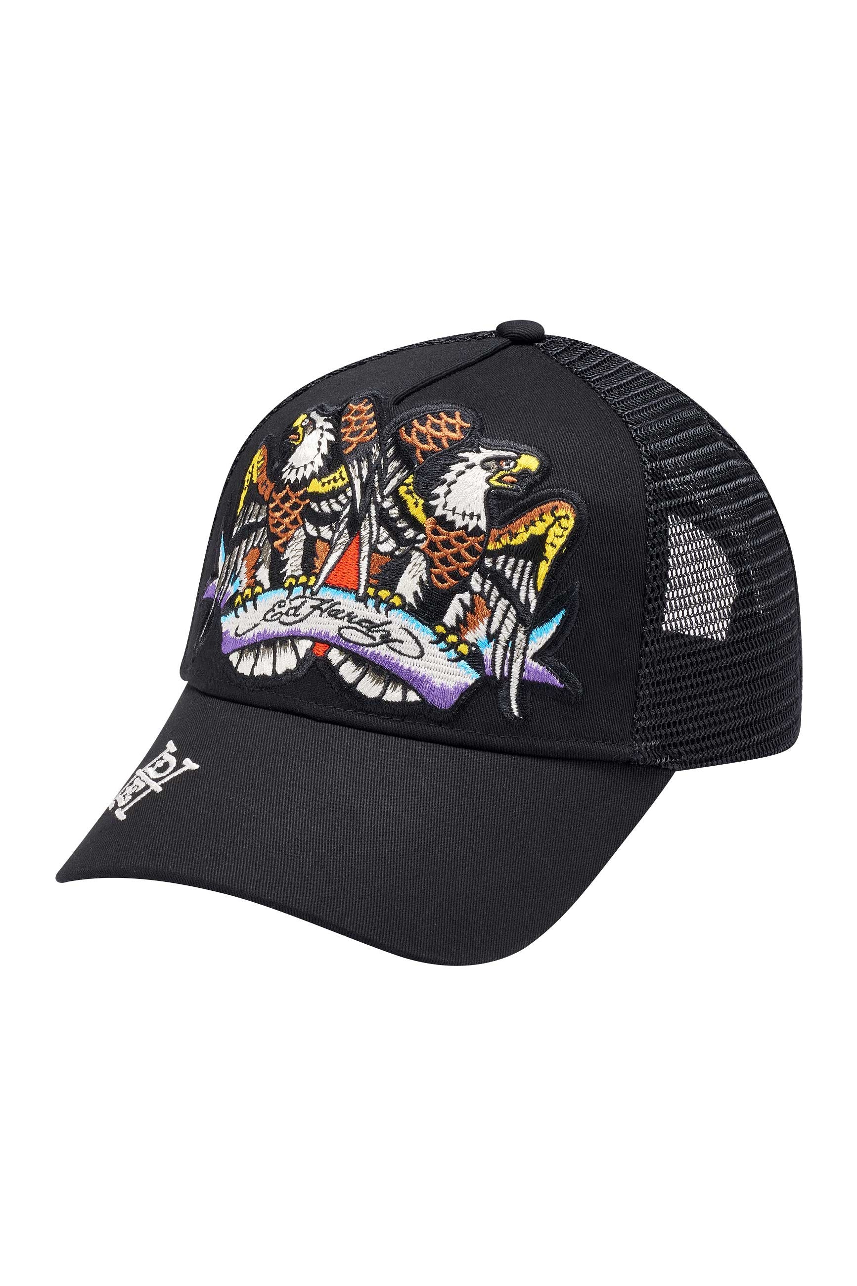 Unisex Eagle Crystal Rock Twill Front Mesh Trucker - Black/Black
