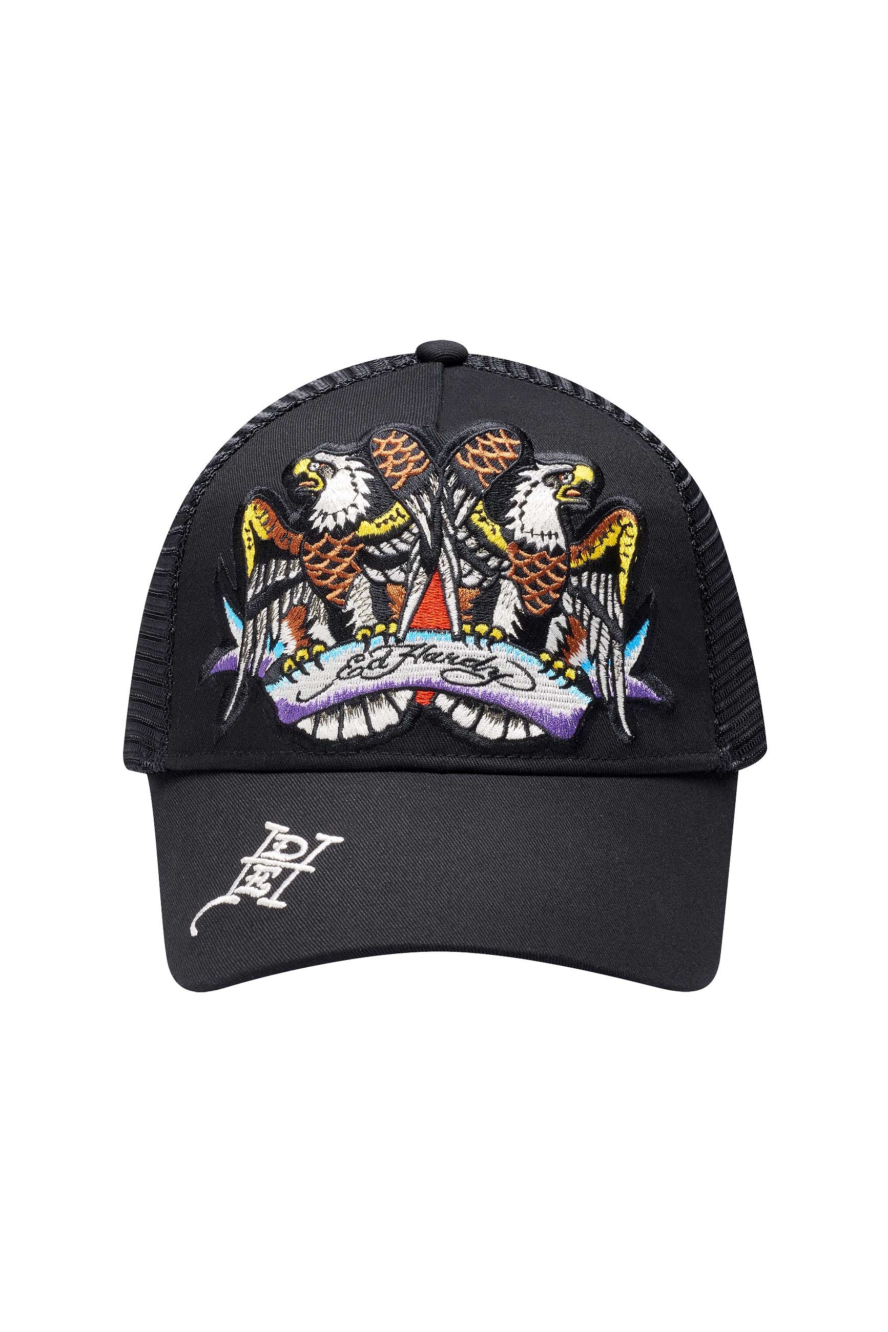 Unisex Eagle Crystal Rock Twill Front Mesh Trucker - Black/Black