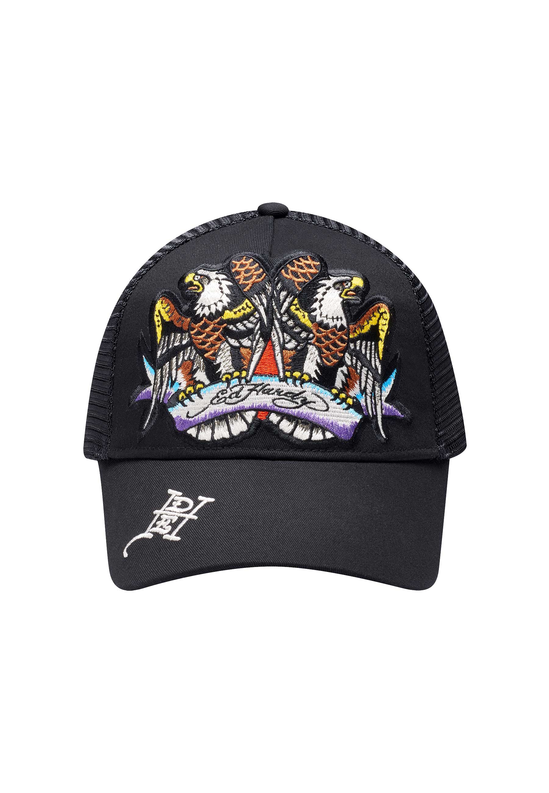 Unisex Eagle Crystal Rock Twill Front Mesh Trucker - Black/Black