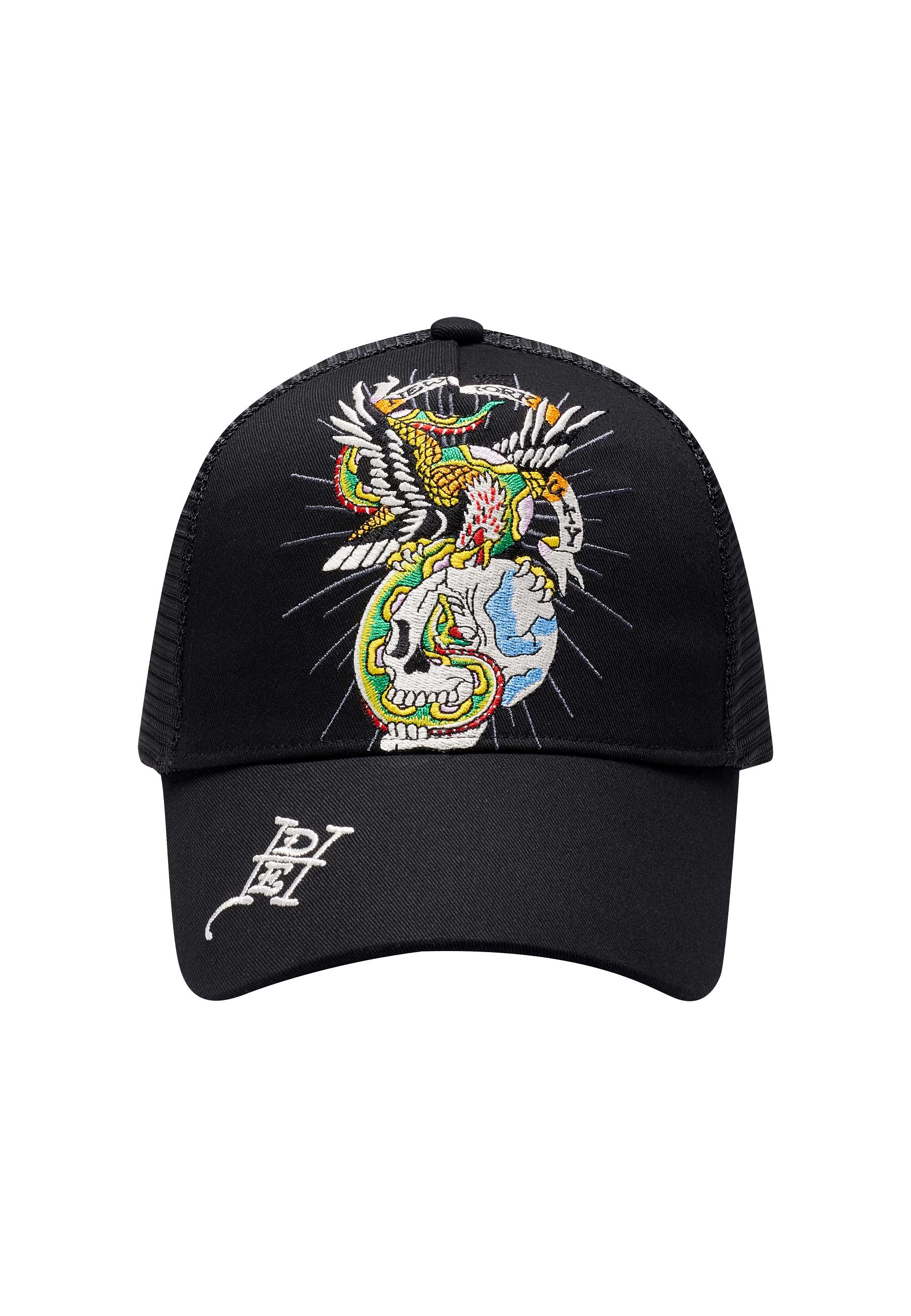Unisex Eagle & Snake Twill Front Mesh Trucker - Black/Black