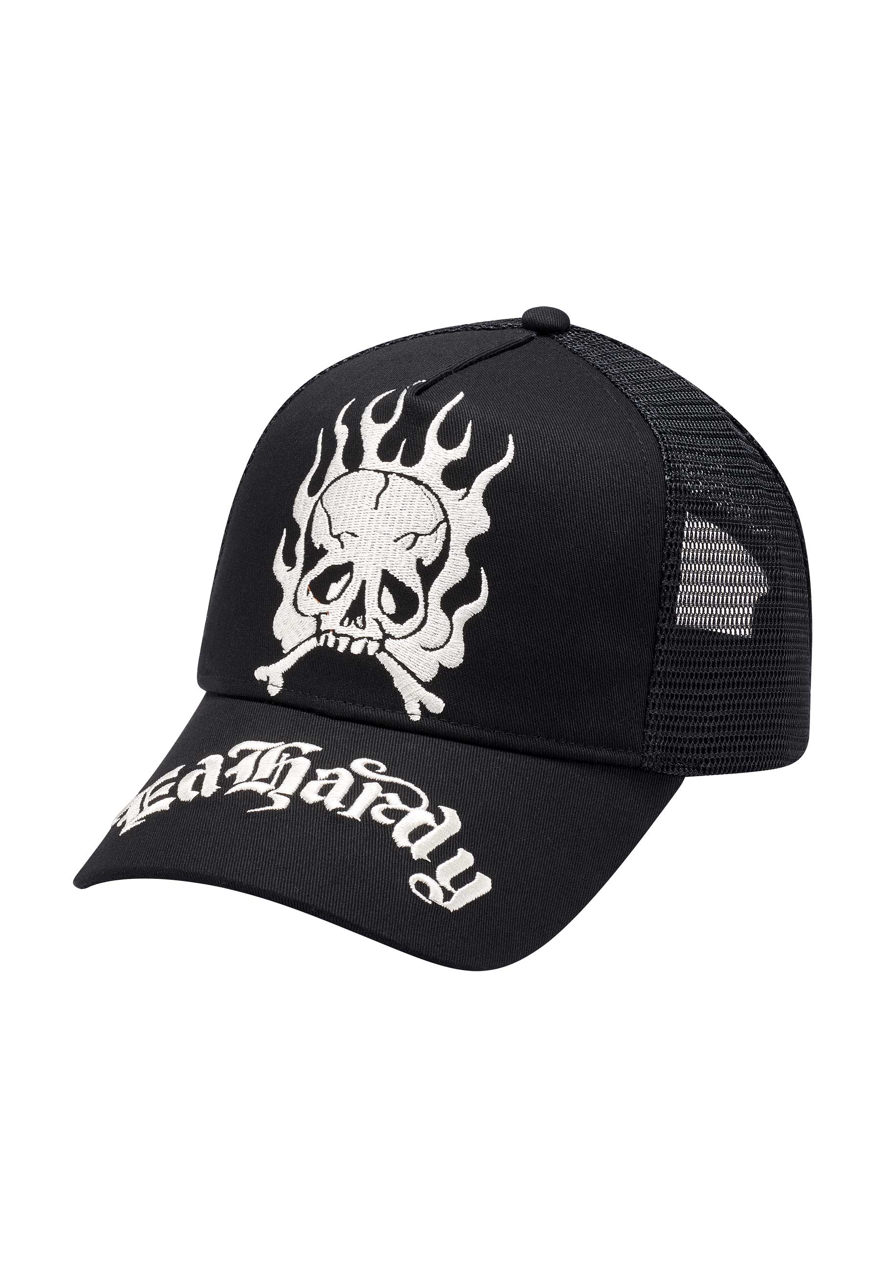Unisex Gothic Skull In Flames Twill Front Mesh Trucker - Black/Black