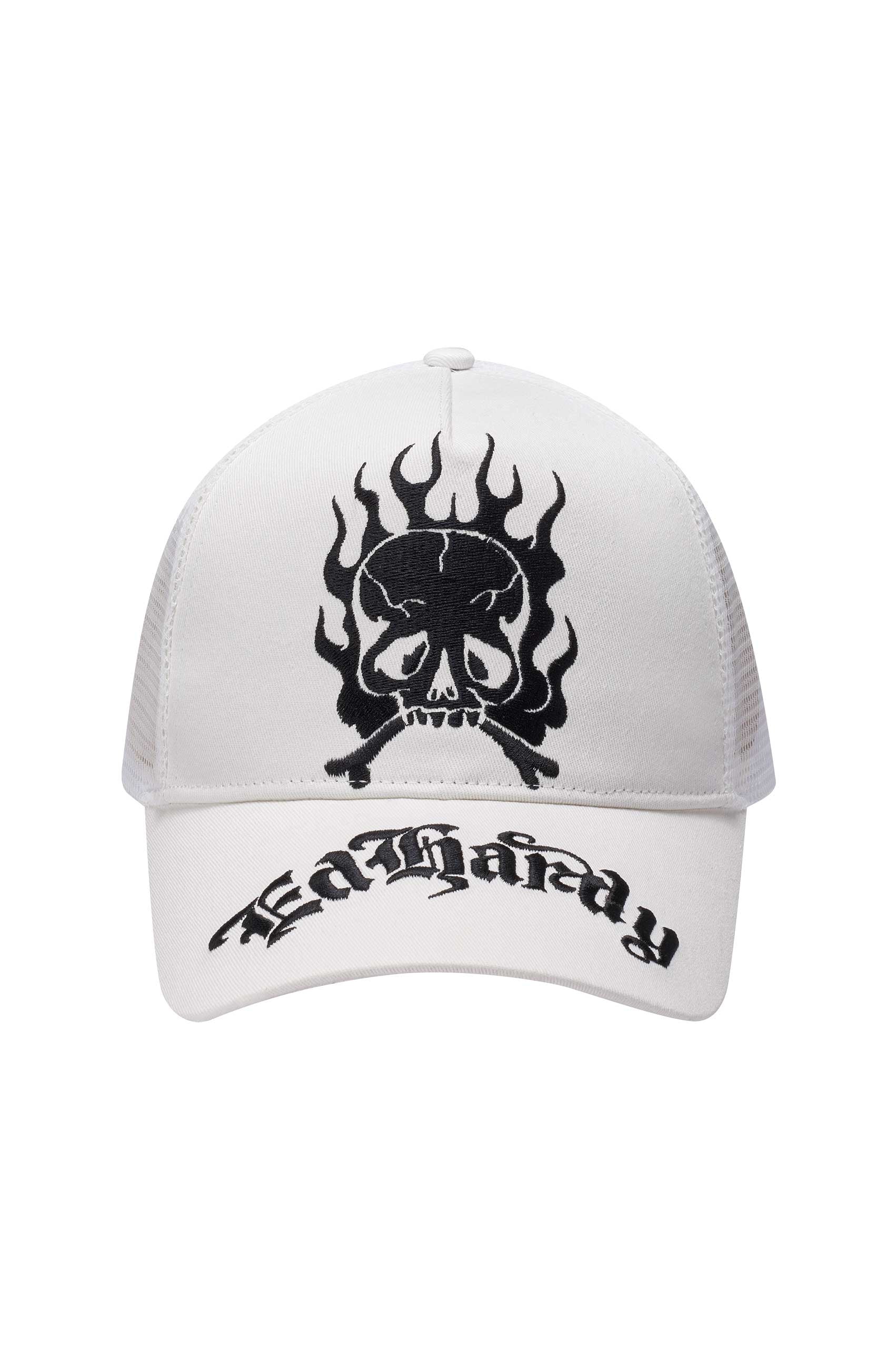 Unisex Gothic Skull In Flames Twill Front Mesh Trucker - White/White