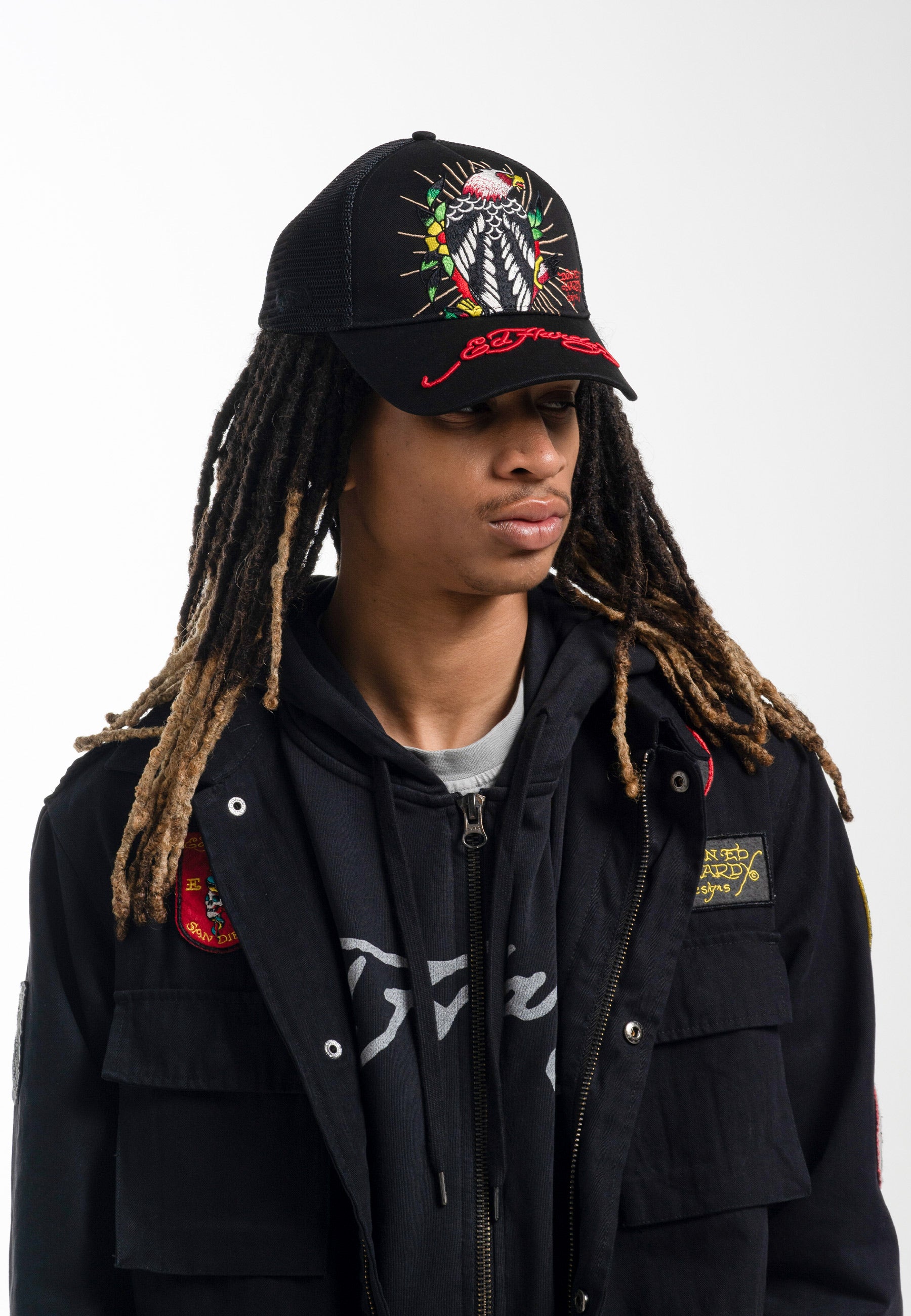 Unisex Perching-Harpy Twill Front Mesh Trucker - Black