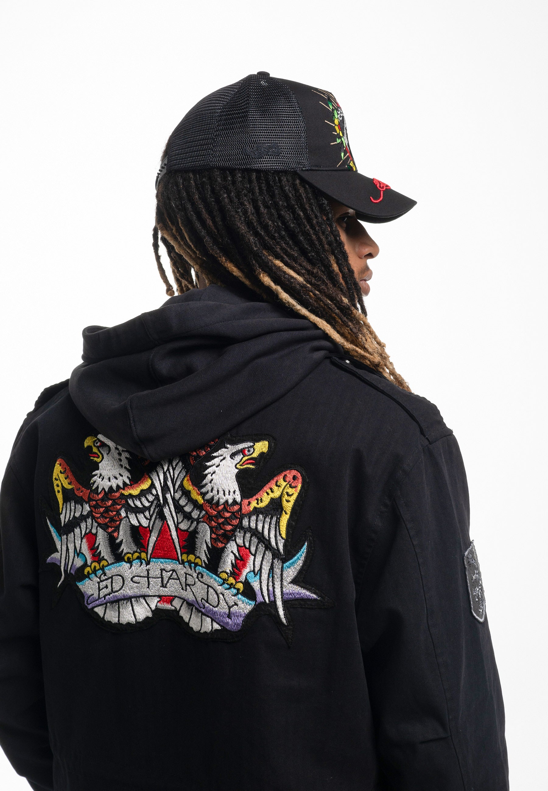 Unisex Perching-Harpy Twill Front Mesh Trucker - Black