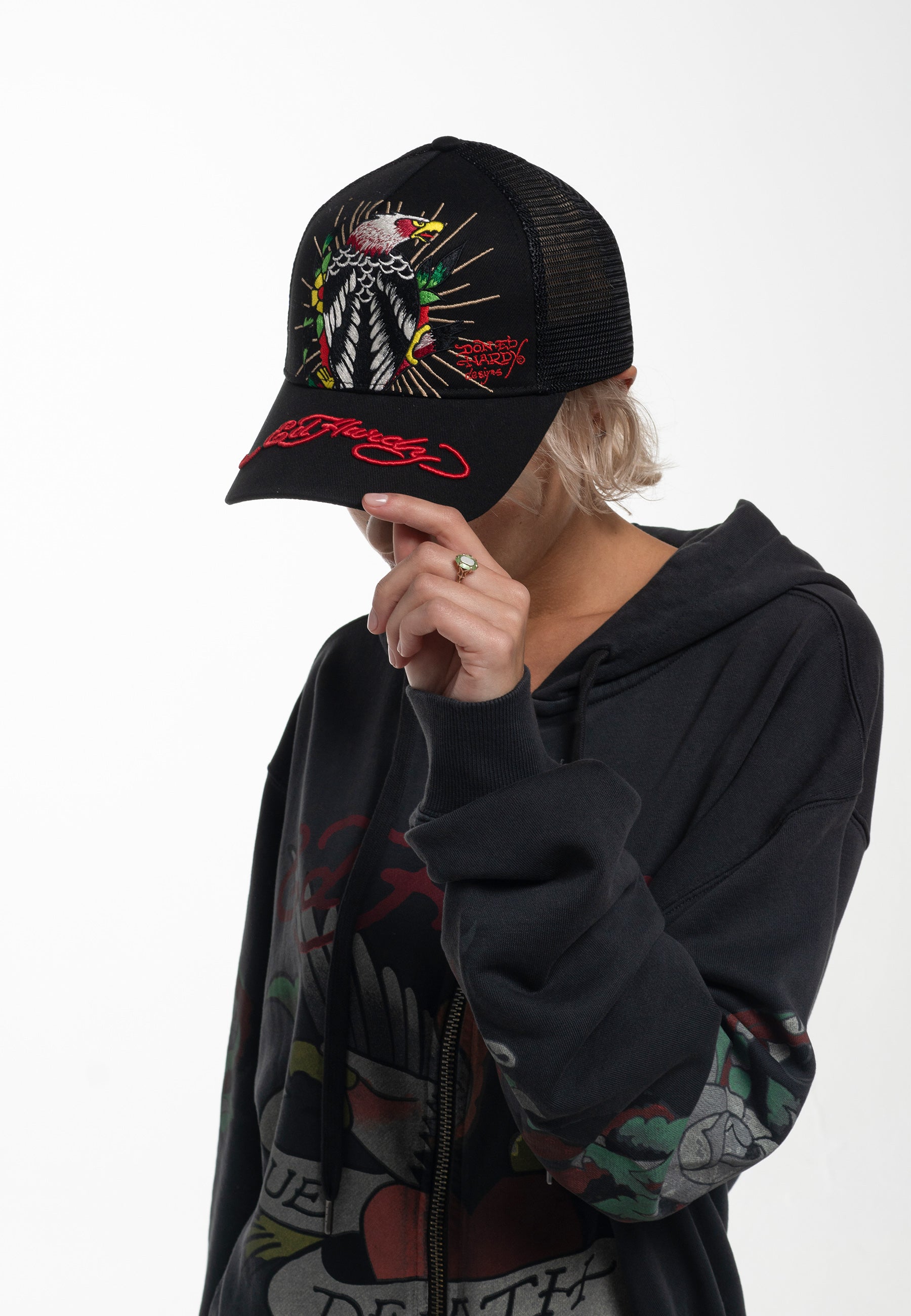 Unisex Perching-Harpy Twill Front Mesh Trucker - Black