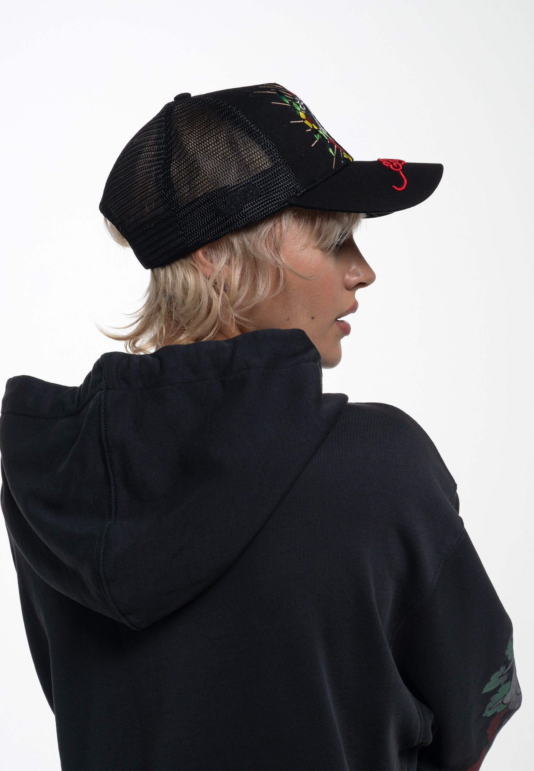 Unisex Perching-Harpy Twill Front Mesh Trucker - Black
