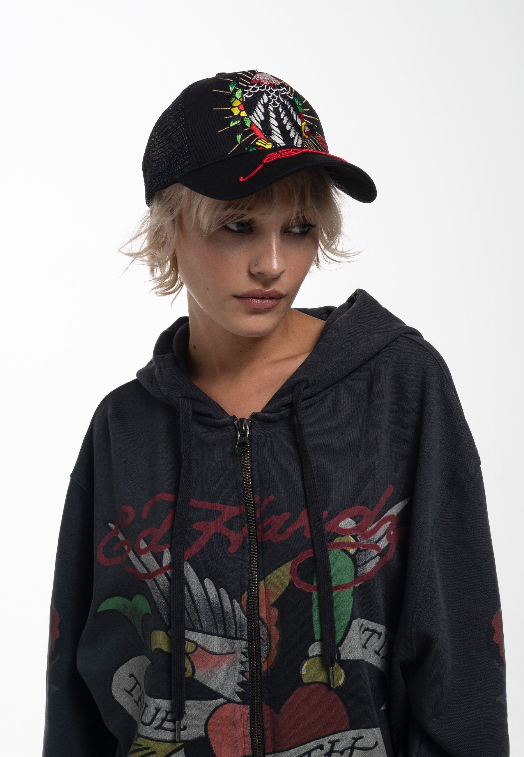 Unisex Perching-Harpy Twill Front Mesh Trucker - Black