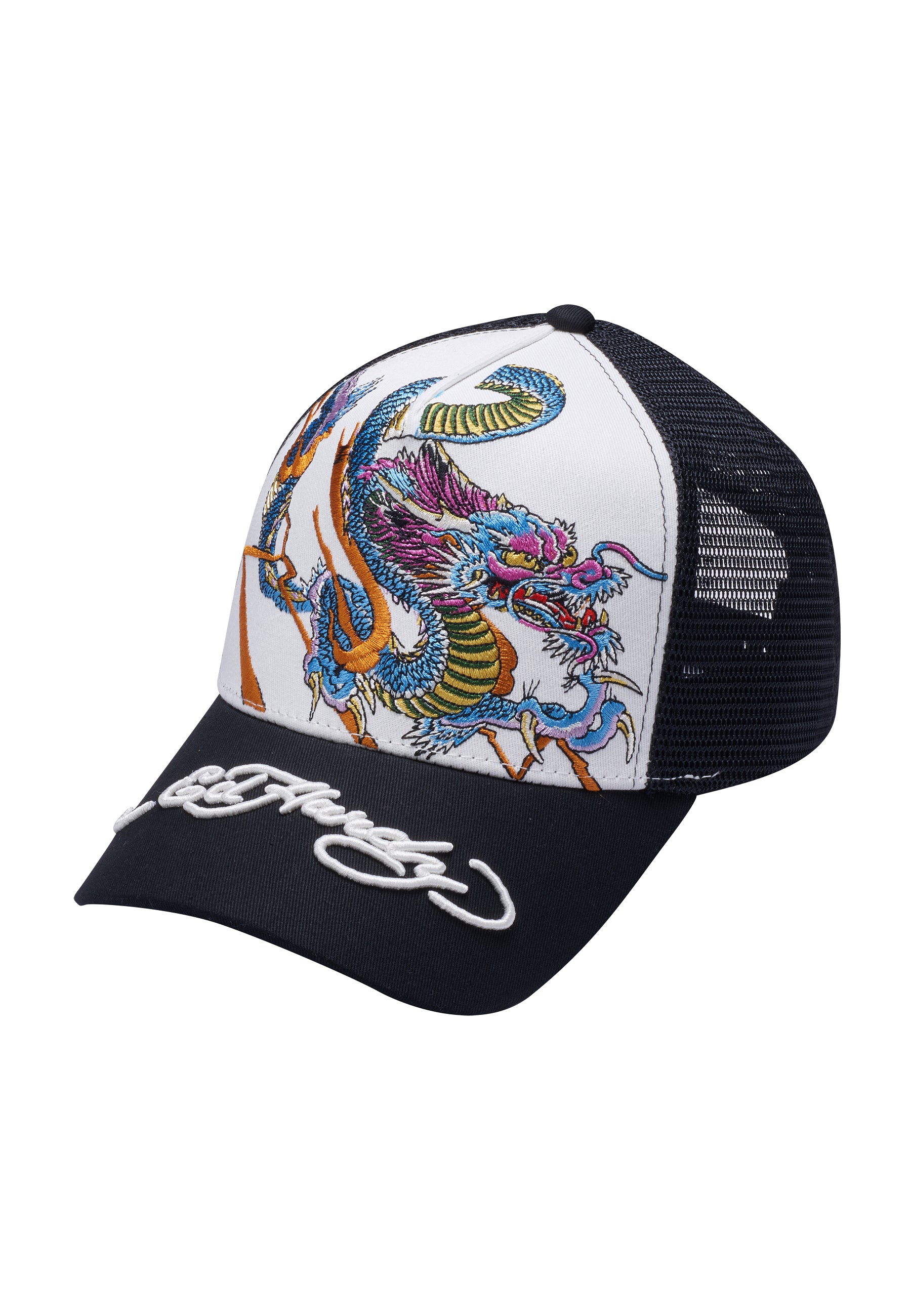 Unisex Vibrant-Dragon Twill Front Mesh Trucker - White/Black