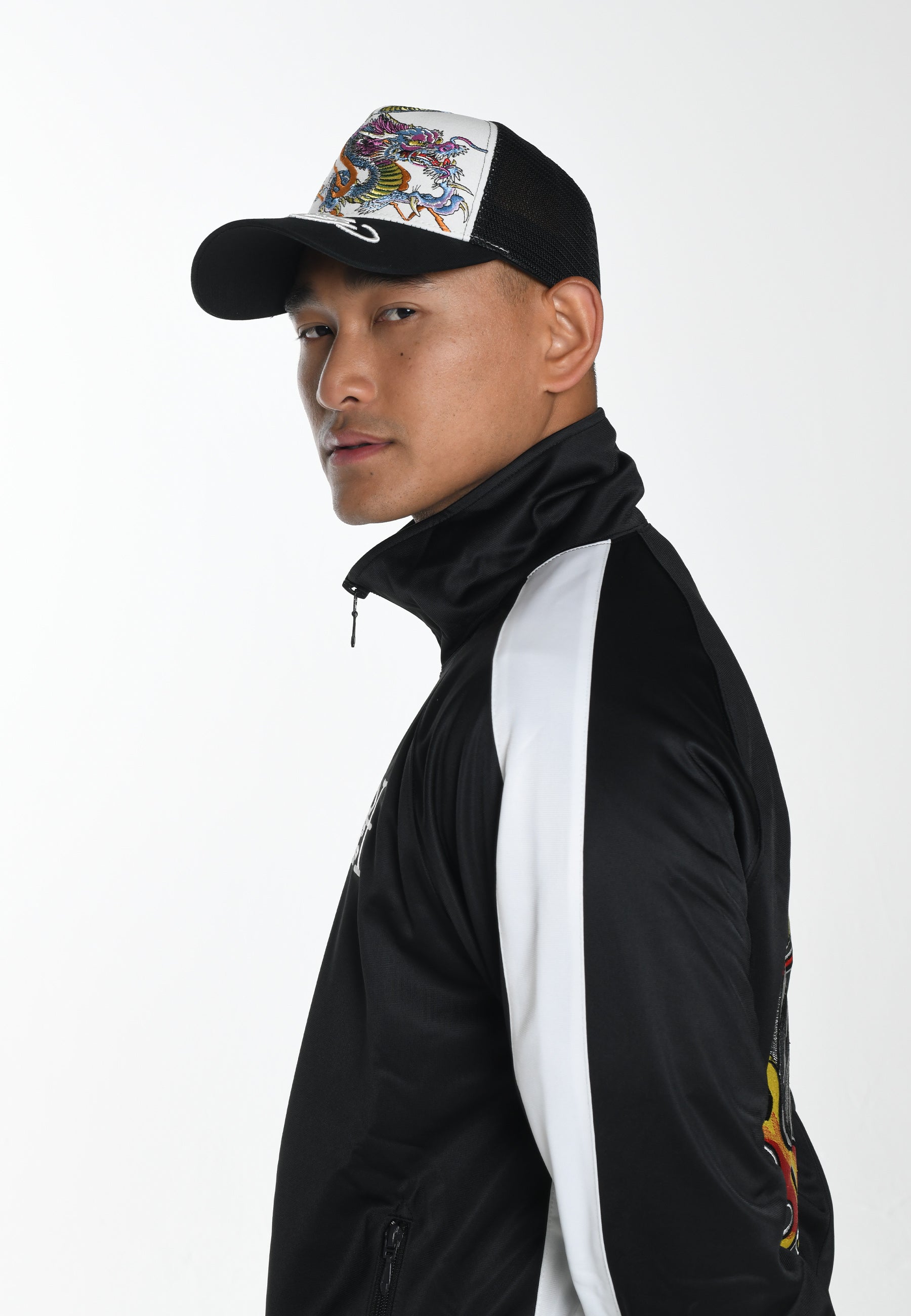 Unisex Vibrant-Dragon Twill Front Mesh Trucker - White/Black