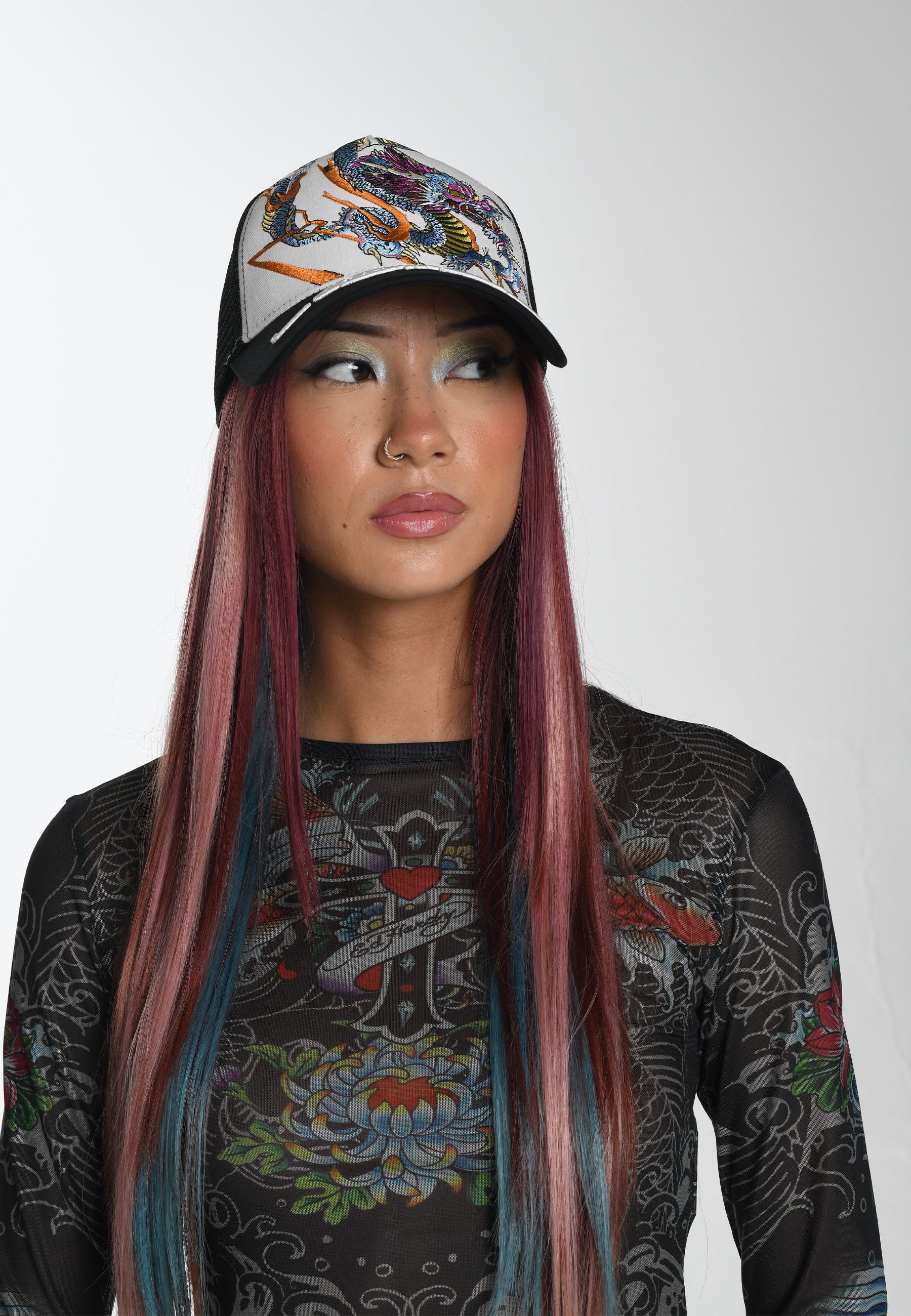 Unisex Vibrant-Dragon Twill Front Mesh Trucker - White/Black