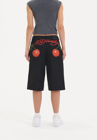 Womens Cherry Love Bomb Relaxed Denim Jorts Shorts - Black