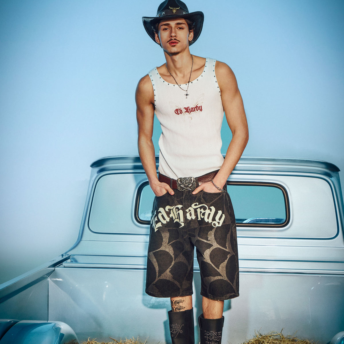 Mens Gothic Ed Hardy Cobweb Denim Jorts - Vintage Charcoal – Ed Hardy ...