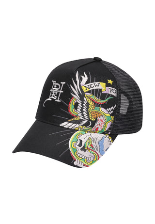 Unisex Eagle And Snake Battle Twill Front Mesh Trucker - Black