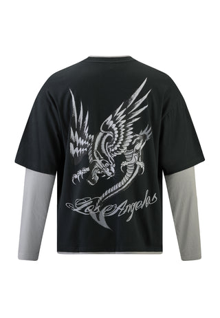 Mens Panther Dragon Double Sleeve Tshirt - Black/Grey