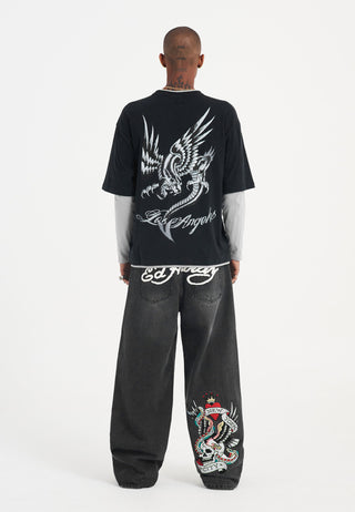 Mens Panther Dragon Double Sleeve Tshirt - Black/Grey