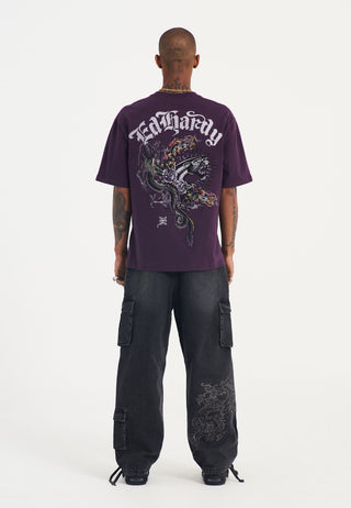 Mens Panther And Drag Diamante Relaxed Tshirt - Purple