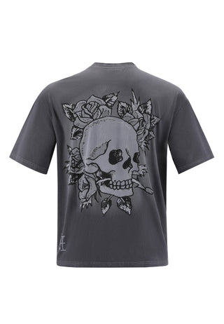 Mens Skull And Roses Relaxed Tshirt - Charcoal