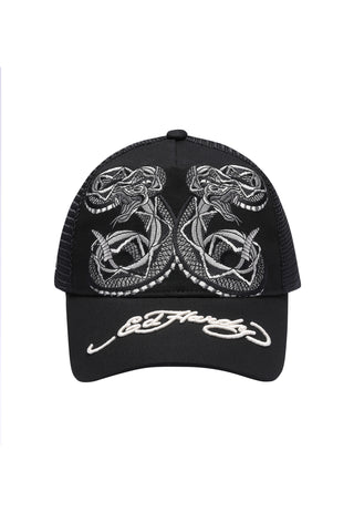 Unisex Mono Double Black Snake Twill Front Mesh Trucker - Black