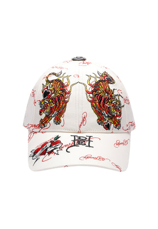 Unisex Tiger Flames 6 Panel Repeat Print Cap - Egret