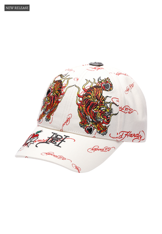 Unisex Tiger Flames 6 Panel Repeat Print Cap - Egret