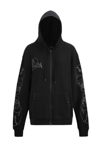 Womens Crystal Skull Relaxed Zip Thru Hoodie - Black