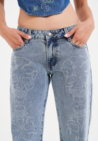 Womens Crystal Skull Straight Leg Denim Trousers Jeans - Blue