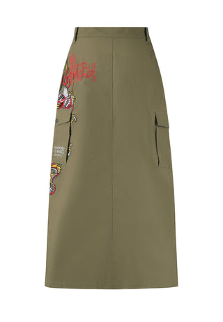 Womens Dragon Flame Long Cargo Skirt - Green