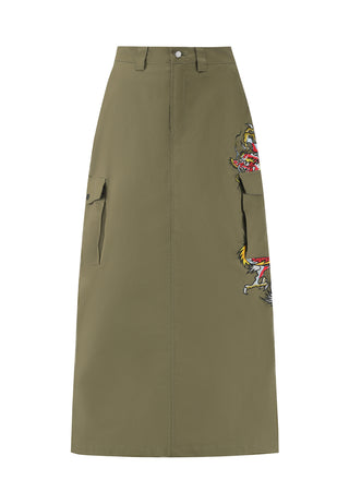 Womens Dragon Flame Long Cargo Skirt - Green