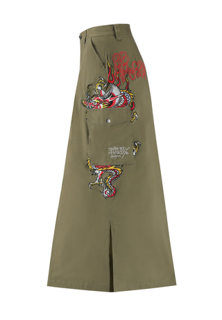 Womens Dragon Flame Long Cargo Skirt - Green