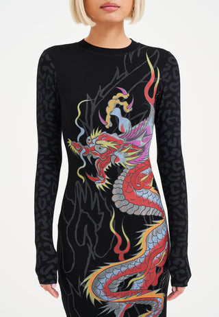 Womens Dragon Flame Long Sleeve Dress - Black