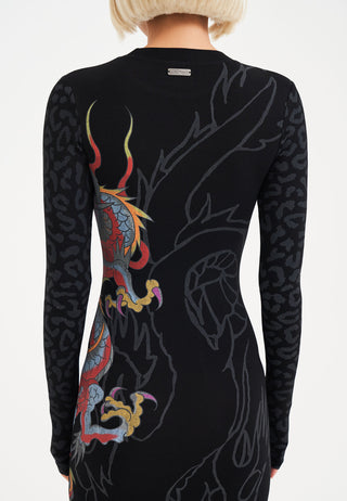 Womens Dragon Flame Long Sleeve Dress - Black