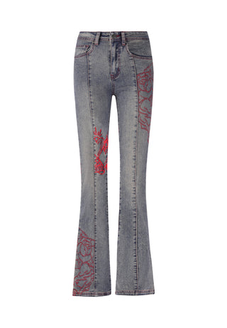 Womens Rouge Hearts Flared Denim Trousers Jeans - Mid Blue