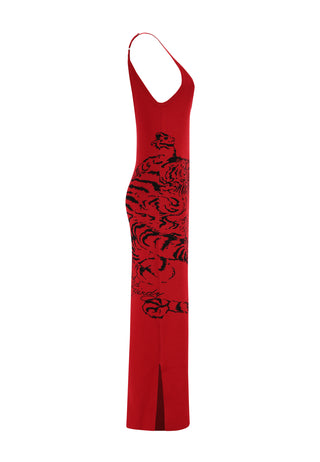 Womens Snow Tiger Knitted Maxi Dress - Red