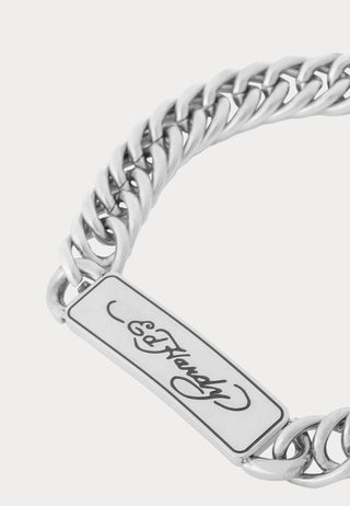 Ed Hardy Scroll Logo Stainless Steel Cuban Chain Id Bracelet - Silver