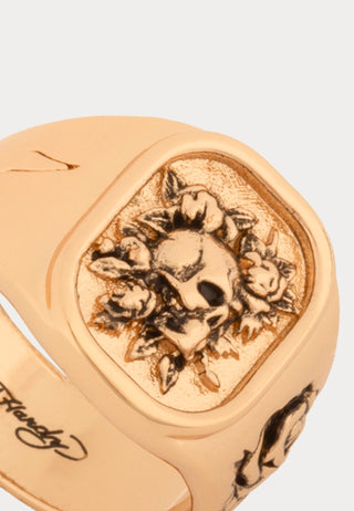 Skull & Rose Flower Embossed Lozenge Biker Ring - Gold