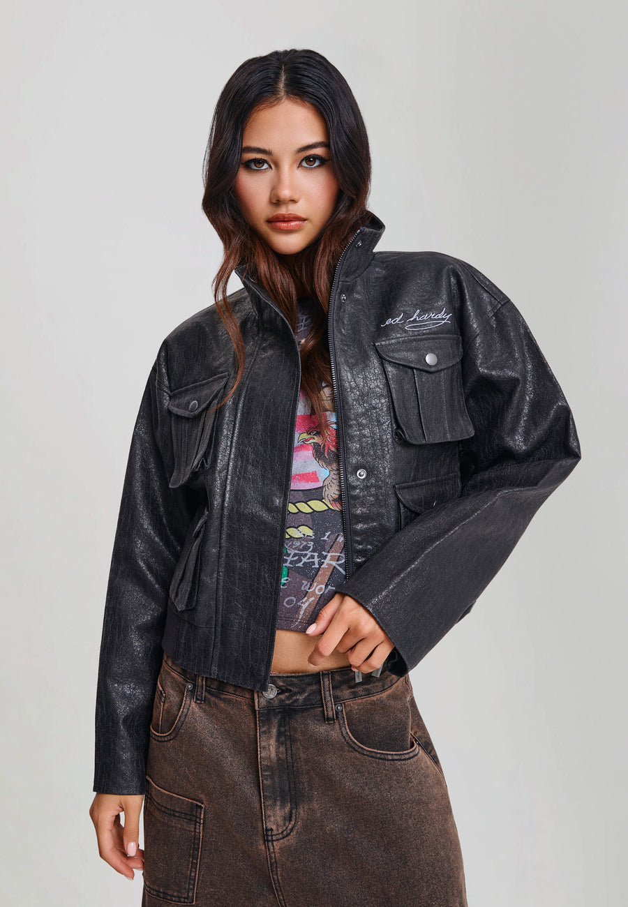 Womens Americana Cargo Washed Relaxed Jacket - Grey