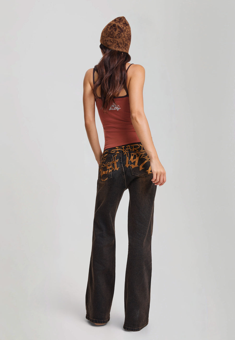 Womens Twisted Serpent Flared Vintage Washed Jeans - Black