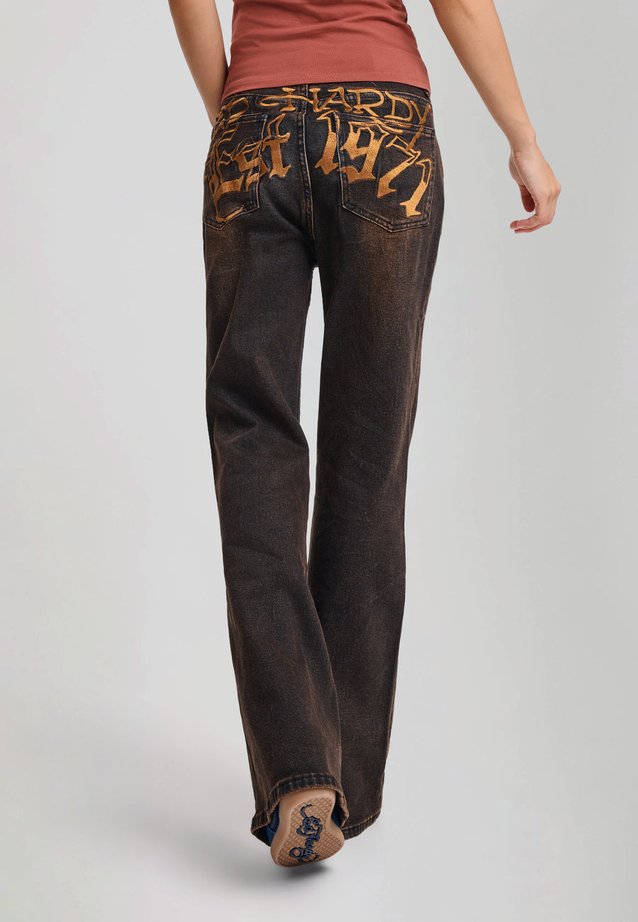 Womens Twisted Serpent Flared Vintage Washed Jeans - Black