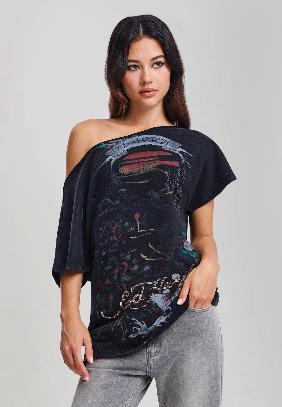 Womens Flying Cranes Relaxed Off Shoulder Washed T-Shirt - Black