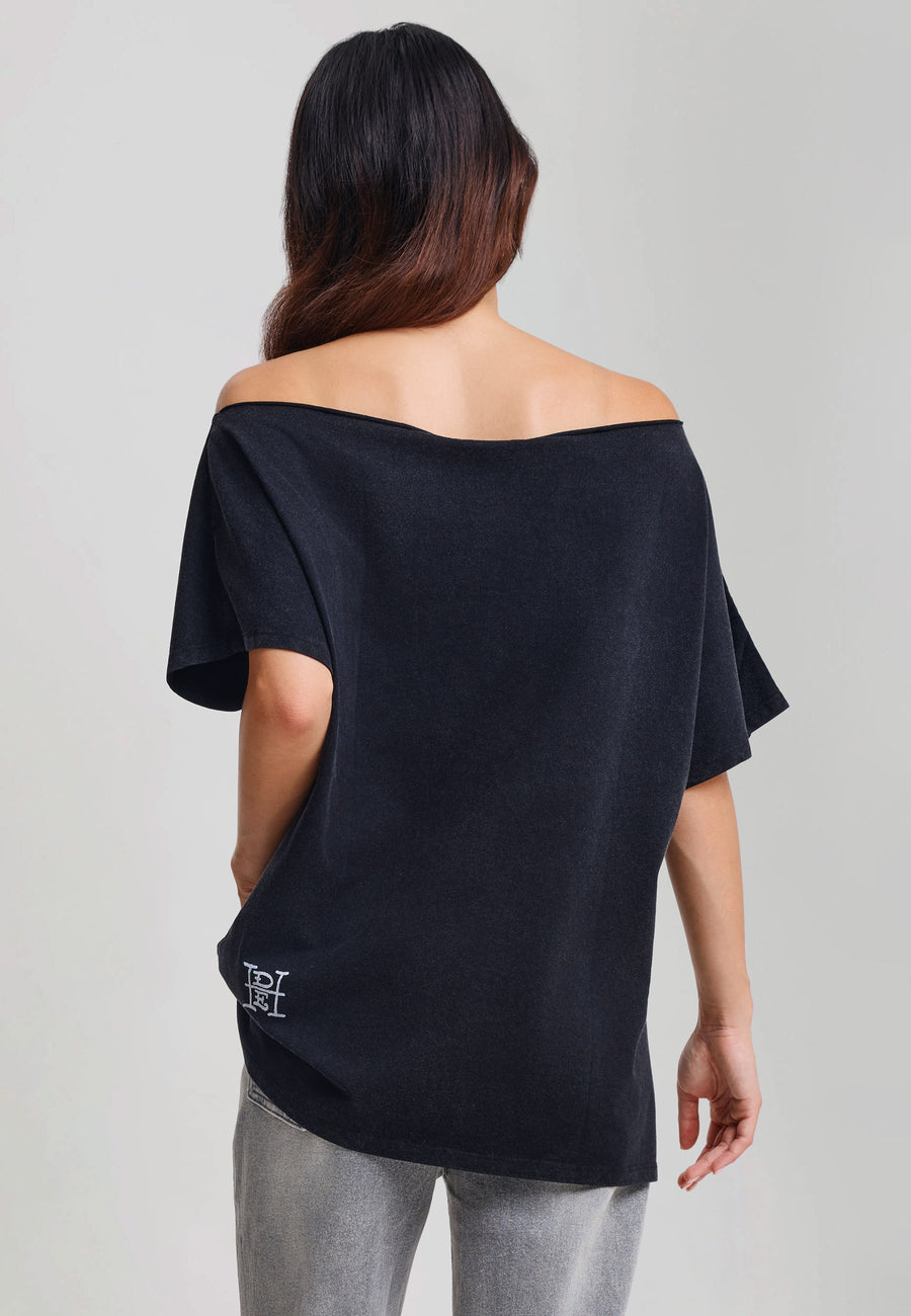 Womens Flying Cranes Relaxed Off Shoulder Washed T-Shirt - Black