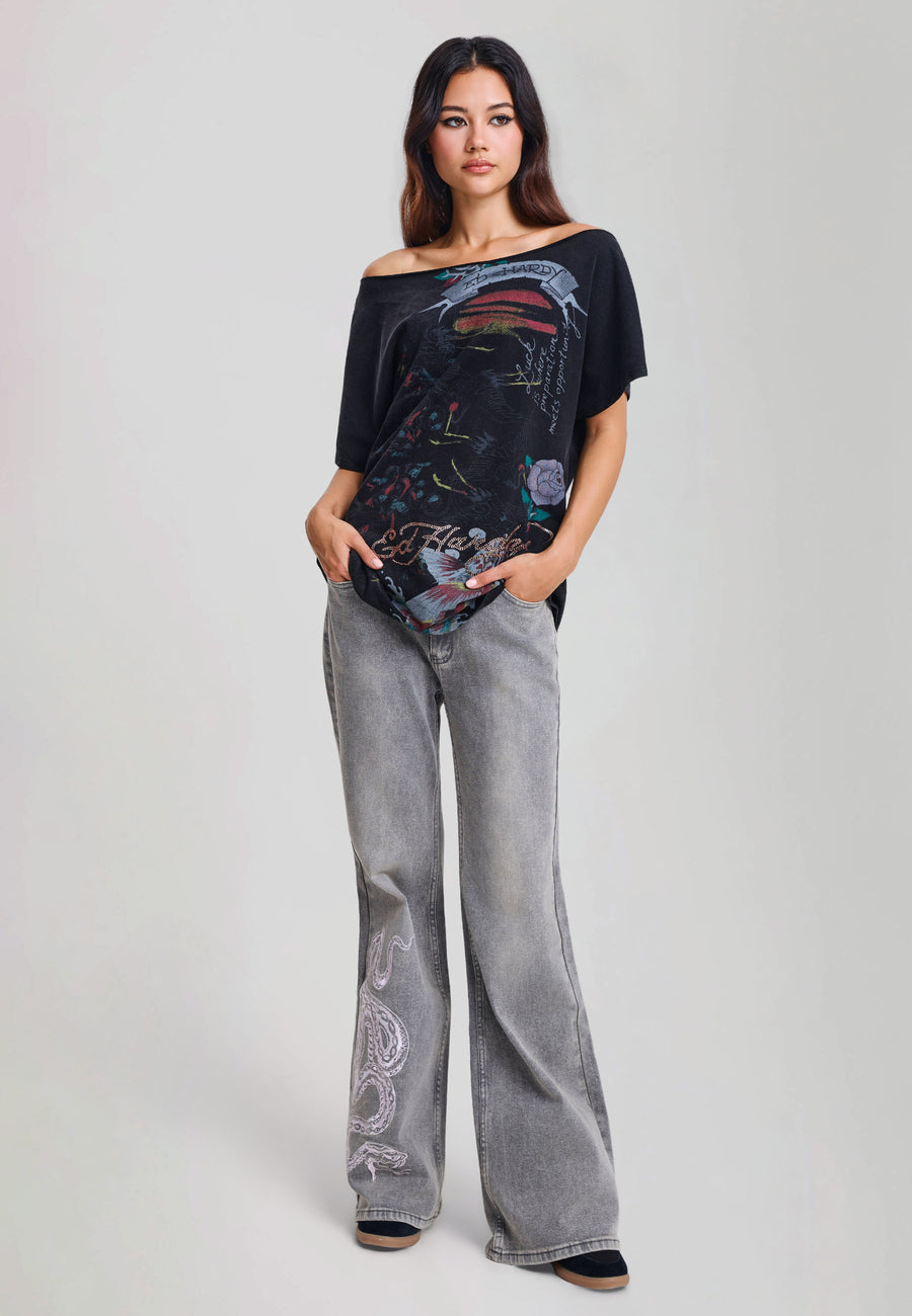 Womens Flying Cranes Relaxed Off Shoulder Washed T-Shirt - Black