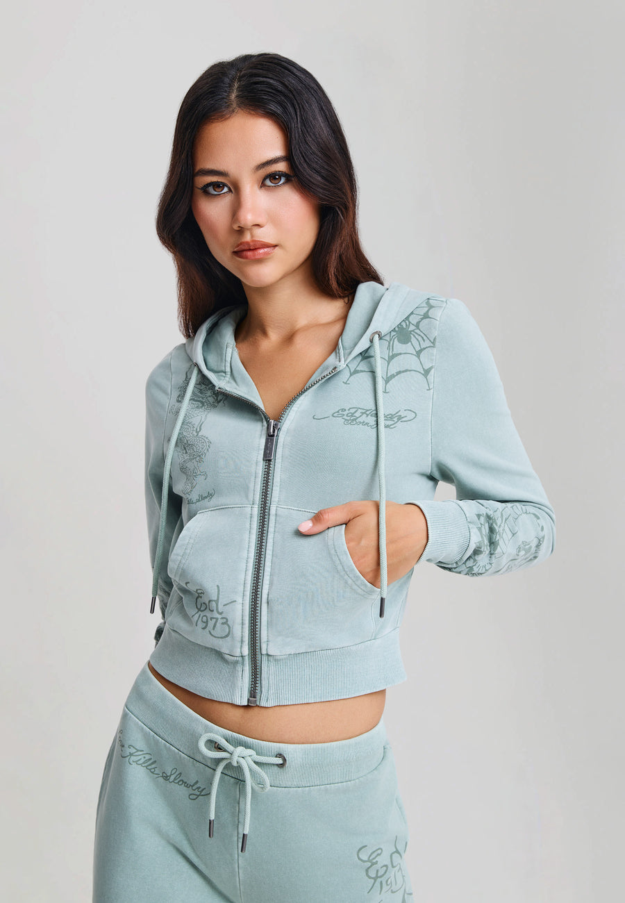 Womens Multi Tattoo Fitted Zip Thru Acid Wash Hoodie - Sage
