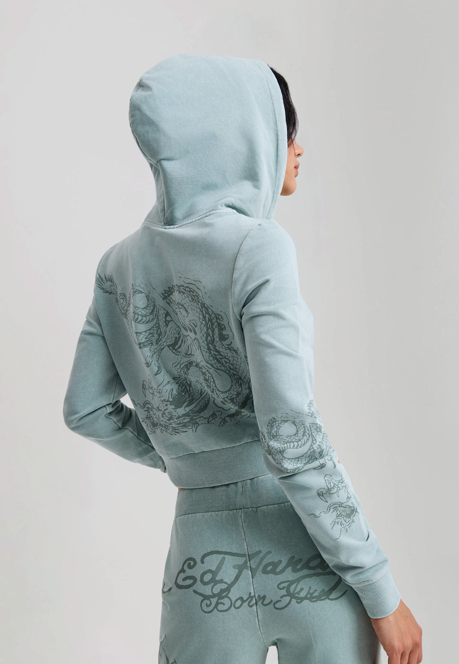 Womens Multi Tattoo Fitted Zip Thru Acid Wash Hoodie - Sage